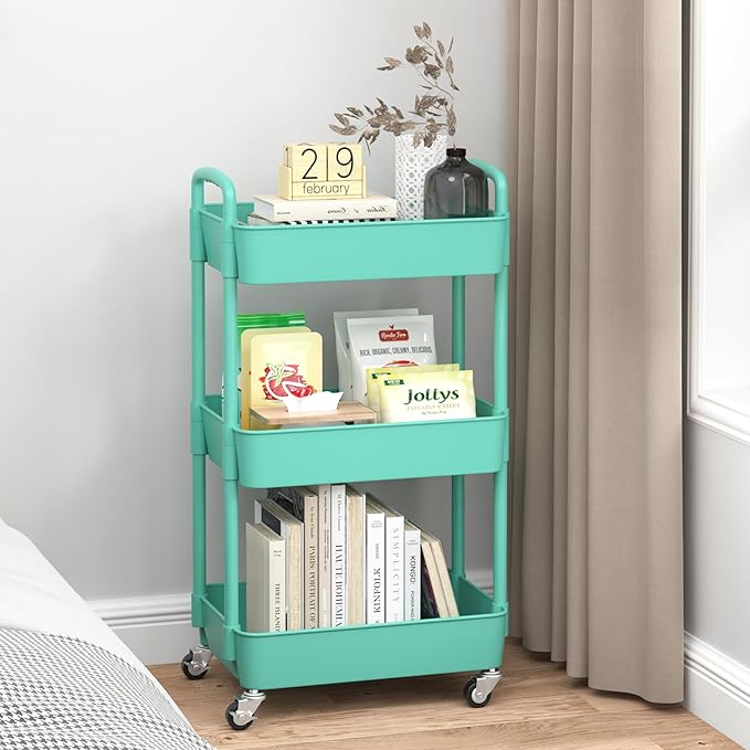 Sywhitta 3-Tier Plastic Rolling Utility Cart with Handle, Multi-Functional Storage Trolley for Office, Living Room, Kitchen, Movable Storage Organizer with Wheels, Green