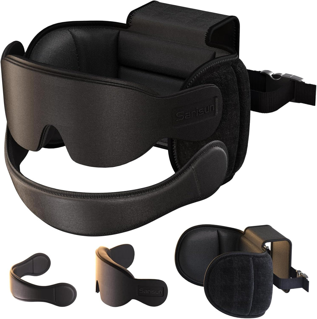 Travel Pillow Combo with Chin Strap, Airplane Pillows with 3D Eye Mask for Sleeping, 360° Support Plane Head Strap for All Plane Seats, Long Flights Essentials, Stop Bobblehead, Black