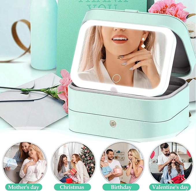 Travel Jewelry Case with LED Lighted Mirror, Personalized Birthday Gifts for Women Girls Kids, 2-Layer Portable Travel Jewelry Organizer, Travel Essentials (Cyan Blue)