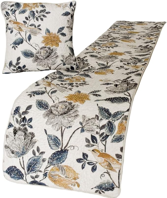 The HomeCentric King/Queen/Twin Blue & Ivory Decorative Queen 74"x18" Bed Runner with Pillow Cover, Bird, Pearl & Quilted Bed Scarf on Linen Fabric - Vintage Birdena