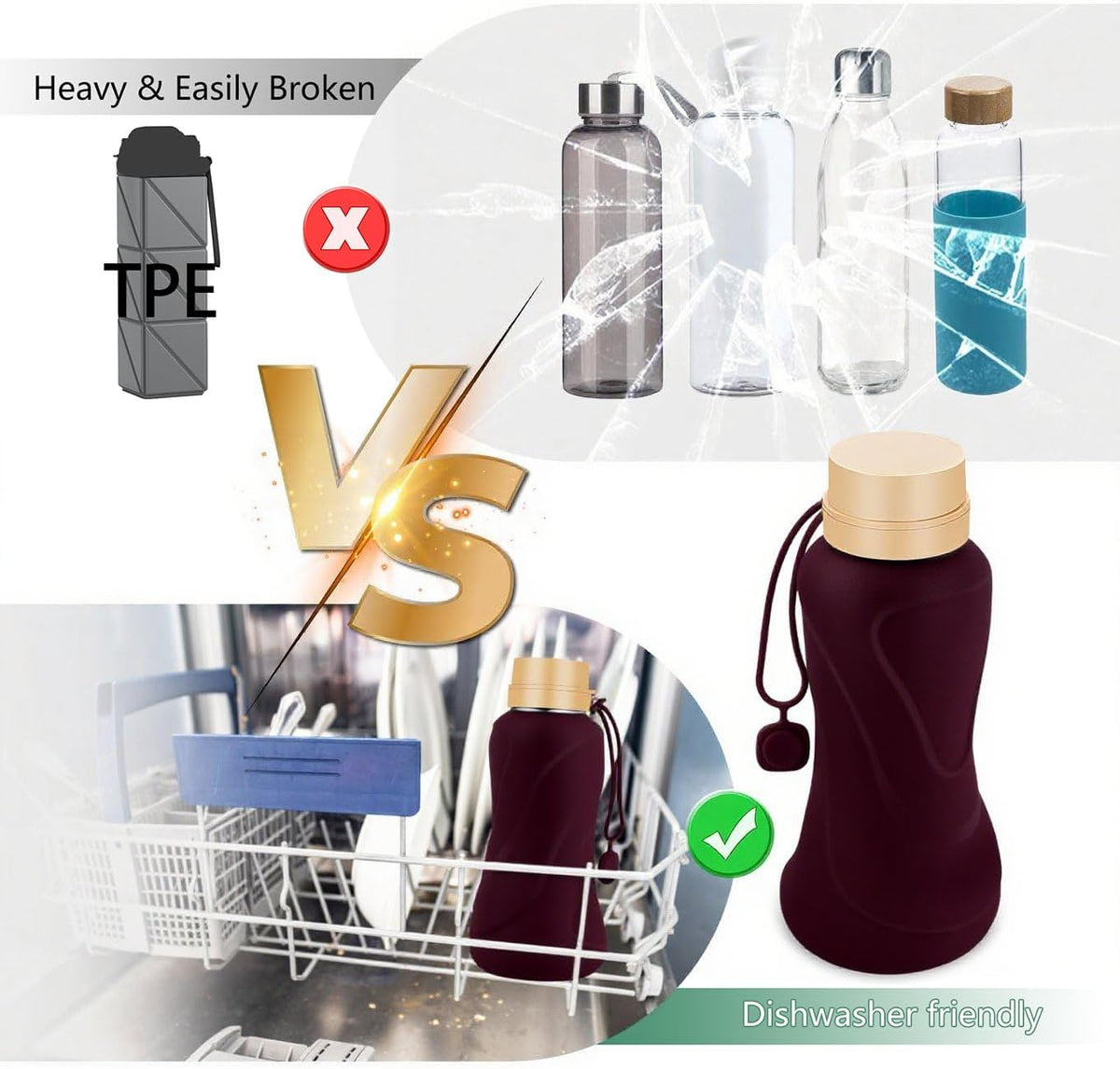 Collapsible Water Bottles,650ml,Leak Proof,Reuseable BPA Free Silicone Foldable Water Bottles,Durable Lightweight for Travel Gym Camping Hiking,Compact Size Portable Sports Water Bottle (Coffee)