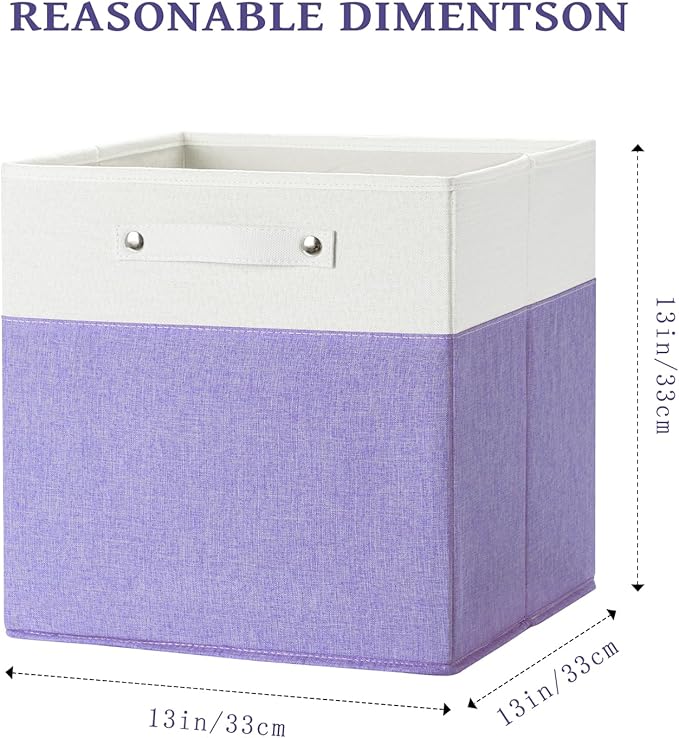 13 x 13 Inch Fine Linen Storage Bins with Handles，Fabric Cube Boxs，Collapsible Basket Organizers for Shelves for Home, Closet Drawers (White/Purple-6 Pack)