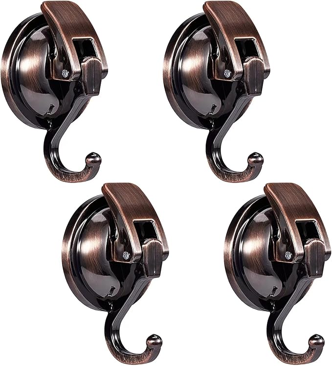 Suction Cup Hooks for Shower, Bathroom, Kitchen, Glass Door, Mirror, Tile – Loofah, Towel, Coat, Bath Robe Hook Holder for Hanging – Waterproof Wreath Hanger (Red Bronze 4Pack)