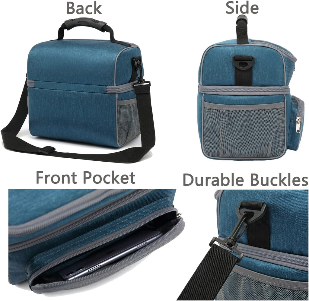 FlowFly Double Layer Cooler Insulated Lunch Bag Adult Lunch Box Large Tote Bag for Men, Women, With Adjustable Strap,Front Pocket and Dual Large Mesh Side Pockets