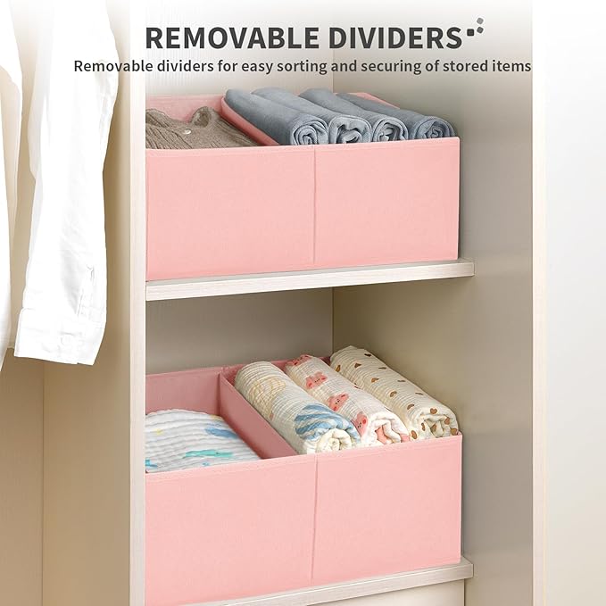 DIMJ Large Closet Shelf Organizer Bins 6 Packs with Handles and Divider, Fabric Trapezoid Storage Baskets, Foldable Clothes Containers Box for Shelf, Towel, Book, Toy, Purse, Hats, Pink