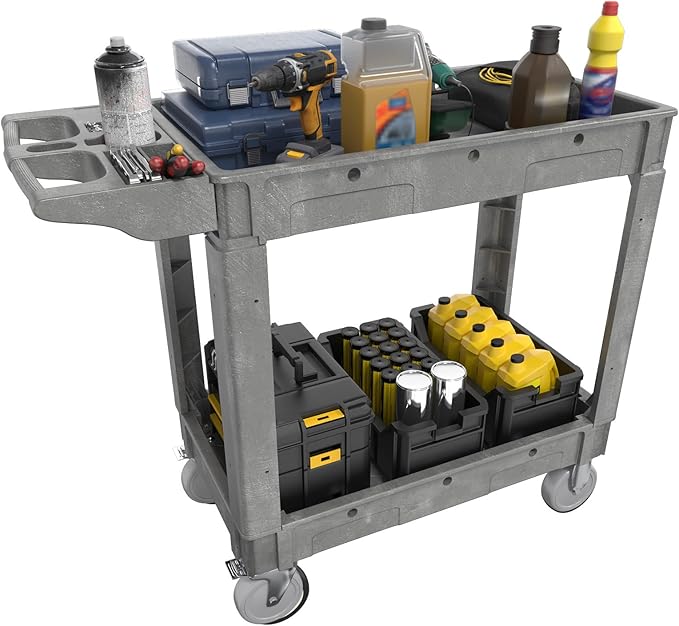 Heavy Duty Rolling Utility Cart with Wheels 2-Tier Utility Plastic Service Work Cart for Shop, Garage, Warehouse, Maintenance 550 lbs