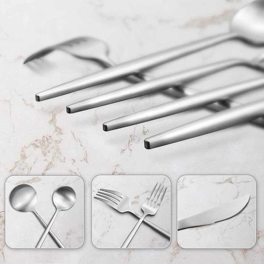 60-Piece Silverware Set, IBIILII JEFF Stainless Steel Flatware Set，Kitchen Utensil Set, Tableware Cutlery Set, Service for 12, Satin Finished Polished & Dishwasher Safe