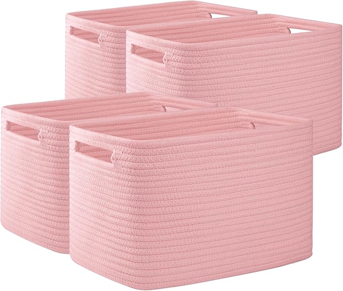 OIAHOMY 4 Pack Storage Baskets for Organizing, Cube Storage Bins for Shelves, Rectangle Storage Baskets With Handles, Woven Baskets for Storage, 12.7''Lx9''Wx7.8''H, Pink