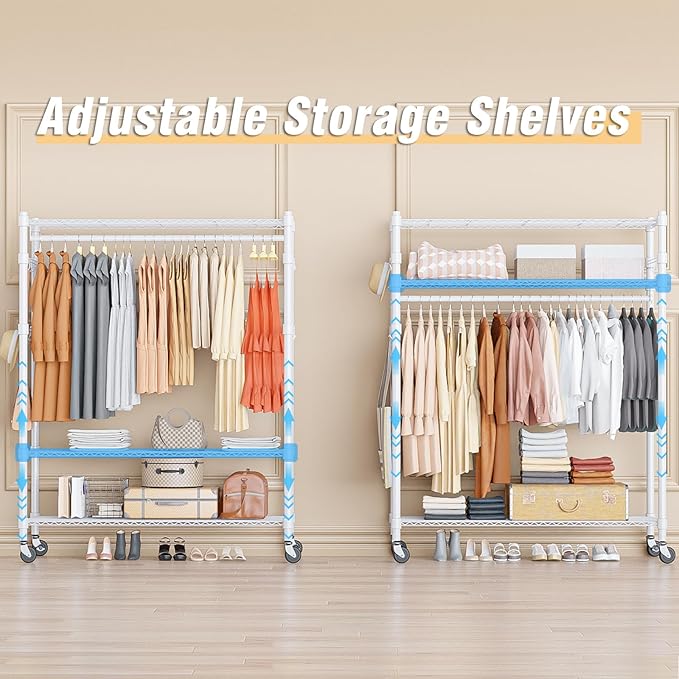 Homdox 3 Tier Garment Rack with Wheels, Portable Closets for Hanging Clothes Heavy Duty, Closet Racks and Shelving with Double Hanger Rods & Side Hooks, White