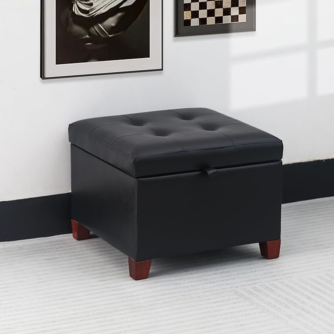 Adeco Faux Leather Storage Ottoman with Hinged Lid, 14 Inch High Black Square Cube Foot Stool with Storage, Upholstered Vanity Stool with Solid Wood Legs for Living Room, Bedroom, Dorm