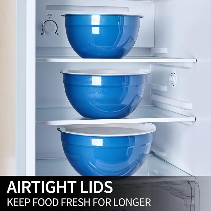 Blue Mixing Bowls with Lids Set of 7, Stainless Steel Nesting Bowl with Khaki Lid for Non-slip Mixing Prepping Storing Serving, 7 Sizes-7/3.6/2.7/2.1/1.5/1/0.8 QT