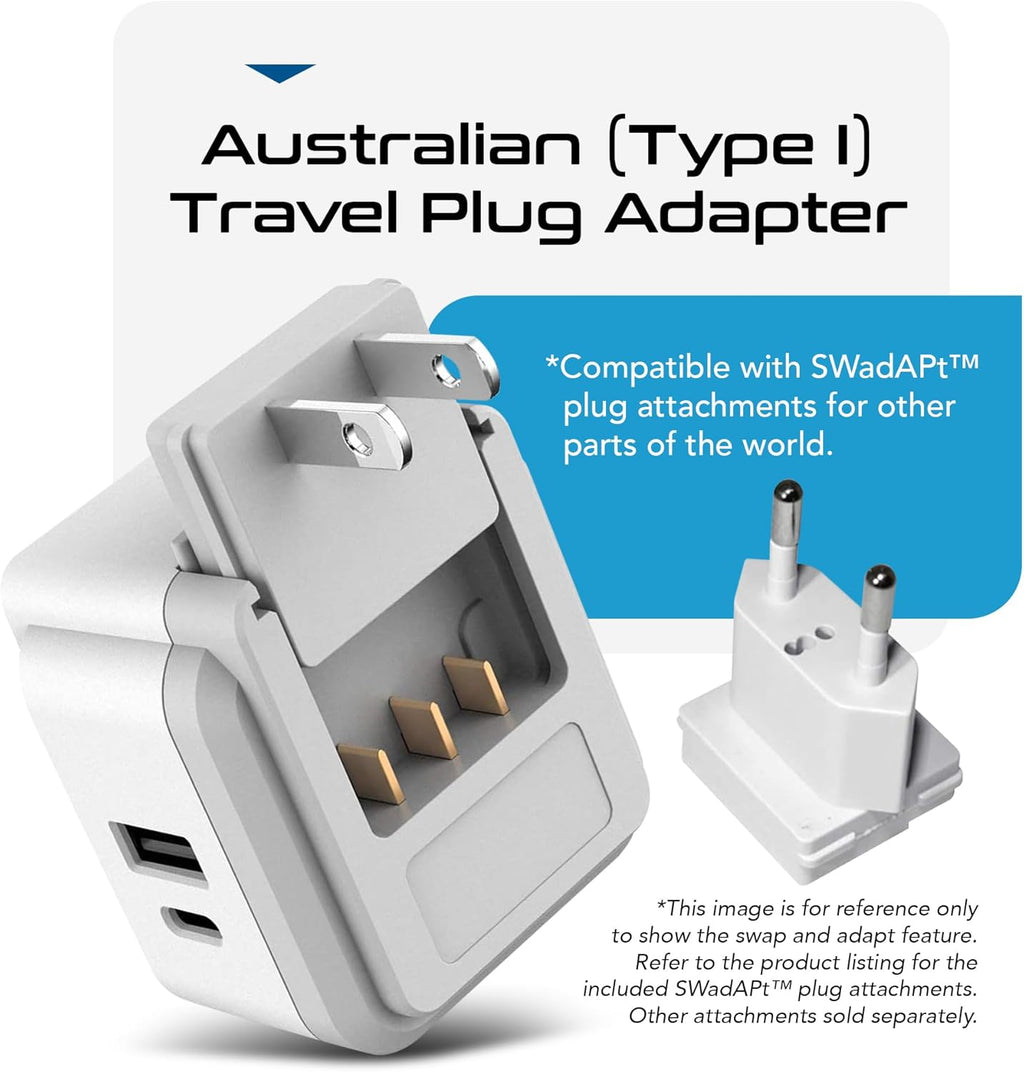 Ceptics Australian Travel Adapter Set, 20W PD & QC, Type I-3.1A - 4 in 1-2 USA Inputs, 1 USB Port, 1 USB-C Port - Australian New Zealand Fiji Argentina, Compact - Adapter Australia-Compatible Plug