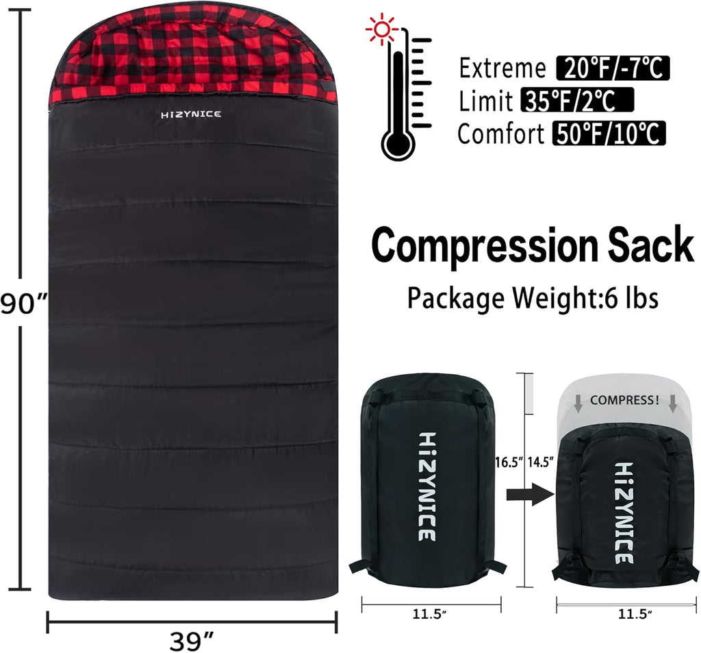 0 Degree Sleeping Bag 100% Cotton Flannel XXL for Adults Big and Tall Cold Weather Winter Zero Degree Camping,Free Compression Sack
