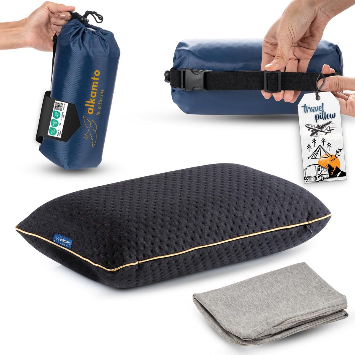 Travel & Camping Comfortable Memory Foam Pillow – Easy to Carry Portable Bag – Temperature Regulating Pillow Case (Black + Extra Cover)