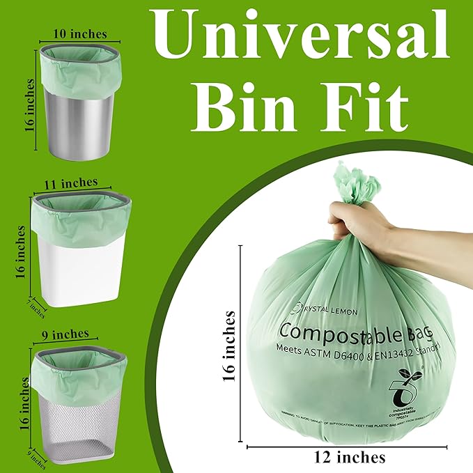 Crystal Lemon 30-Count Biodegradable 6 Gallon Bags, Heavy Duty and Unscented – Ideal for Kitchen, Bathroom, Yard, and Food Waste