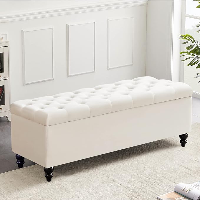 Storage Ottoman 50.2 Inches Upholstered Fabric Storage Ottoman Bench，Button Tufted Ottoman with Storage for Living Room，Bedroom End of Bed Bench Withstands 304lbs (Ivory)