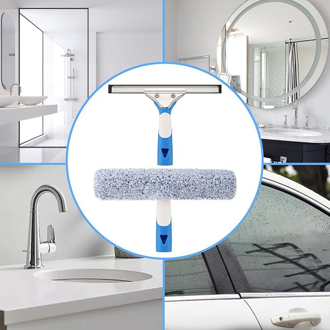 Professional Window Cleaning Kit 10IN, All-in-one Windows Cleaner Tool with Silicone Rubber Squeegee, Microfiber Scrubber & Cloth, Household Cleaning Supplies, Streak-Free Results