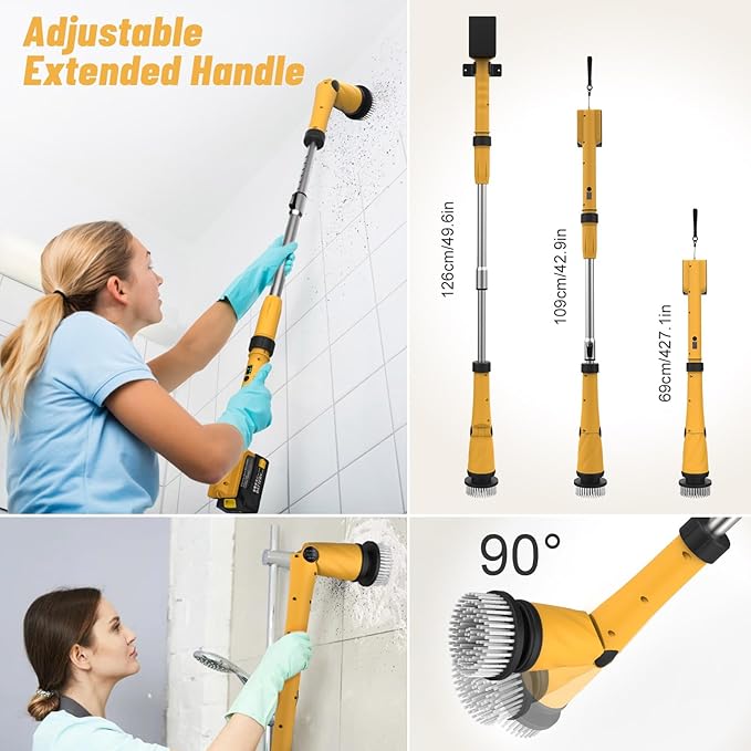 Qimedo Upgrade 1200 RPM Battery Electric Spin Scrubber, Highly Powerful Cordless Cleaning Brush with Smart Display, Electric Tile Floor Scrubber with 8 Brushes, Battery Powered Shower Scrubber