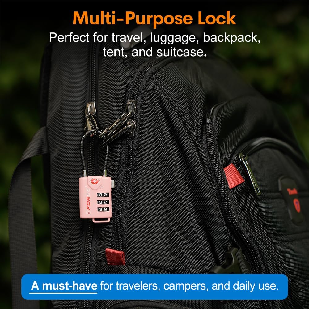 Forge TSA Approved Cable Luggage Locks, 2 Pink Locks, Re-settable Combination with Alloy Body