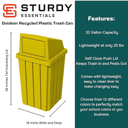 32 Gallon Square Slatted 100% Recycled Plastic Heavy-Duty Commercial Outdoor or Indoor Trash Can with Push Top Lid | Great for Schools and Businesses - Yellow