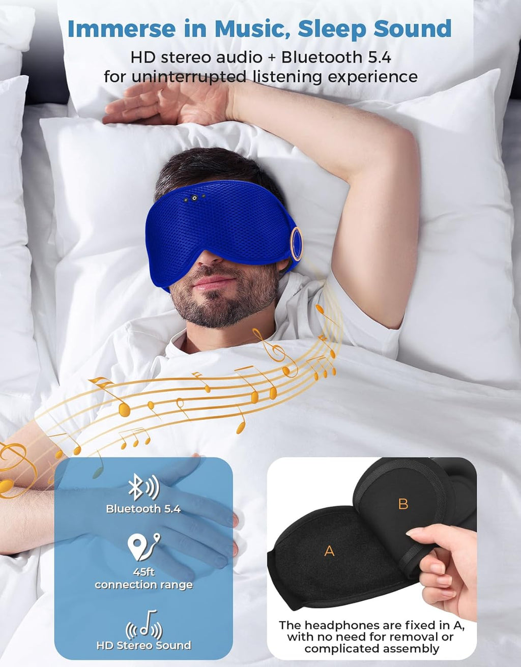 3D Contoured Sleep Mask with Bluetooth Headphones, Eye Masks for Sleep, Sleeping Mask with Ultra-Thin Stereo Speakers for Men, Women, Gifts - Blue