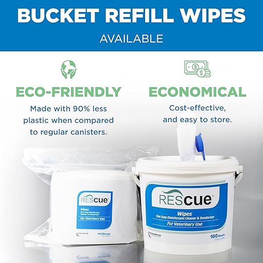REScue One-Step Disinfectant Cleaner & Deodorizer Wipes for Vet Use – Cleaner for Kennels, Litter Boxes, Vet Offices, Pet Grooming Surfaces – Extra Large Wipes, 160-Count Bucket Refill (1 Pack)
