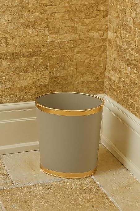 Jaye's Studio Mattie Oval Waste Basket for Bathroom Decorative, Gold Trim & Finish, Hand-Painted, Handcrafted Metal Wastebasket, Garbage Bin & Trash Bin for Bedroom, Office, 12" x 10" x 8" (Taupe)