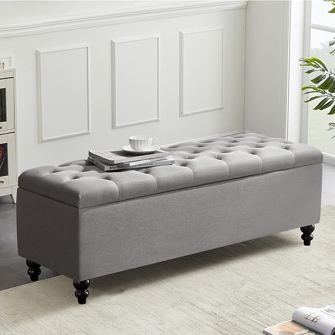 Storage Ottoman 50.2 Inches Upholstered Fabric Bench，Button Tufted for Living Room，Bedroom End of Bed Bench Withstands 303lbs (Grey)