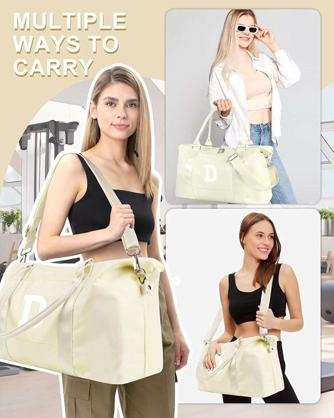 Initial Travel Duffel Bag Sports Gym Bag for Kids Teen Birthday Gifts,Beige Personalized Weekender Bag Carry On Dance Bags for Women Men,Waterproof Monogram Overnight Bag with Trolley Sleeve(Letter D)