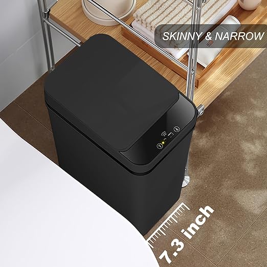 Yatmung 4 Gallons Bathroom Trash Can Automatic Touchless - 15.5 Liters Smart Trash Can Motion Sensor - Narrow, Plastic - Slim Electric Trash Bin - Skinny Garbage Can with Lid (Matte Black)