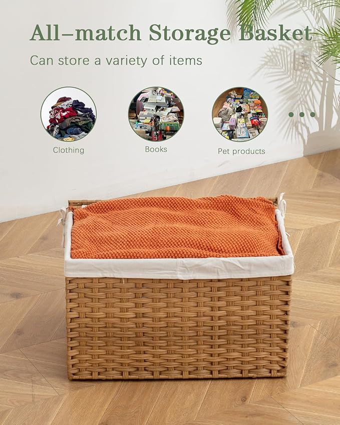 Storage Basket with Lid Rattan Woven Storage Baskets with 2 Separate Lids, 17.2 Gallon (65 L), 22 x 13 x 13.8 Inches,Foldable, 2 Removable Liner Bags Handles for Bedroom, Laundry Room Natural