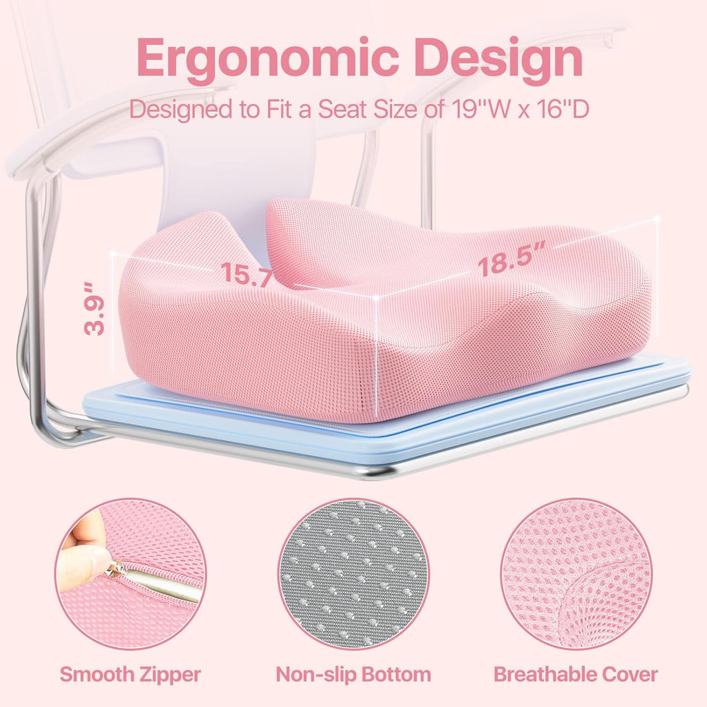 Seat Cushion, Extra Large Memory Foam Cushion for Office Chair Cushions, Ergonomic Cushions Pad Pillow for Pressure Relief Sciatica & Pain Relief for Long Sitting, Pink