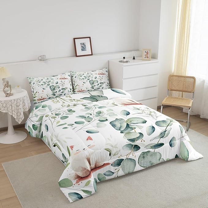 Erosebridal Kawaii Cat Bedding King Size for Boys Girls Cartoon Animal Comforter Set King, Eucalyptus Leaves Duvet Insert Pet Kitten Quilt Set, Tropical Botanical Plants Bedding Comforters & Sets