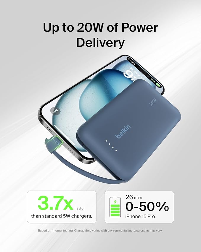 Belkin Portable Charger, Portable Power Bank with Integrated Cable 10000 mAh 20W - Fast Charge USB C Power Delivery - iPhone 17, Air, Pro, Pro Max, iPad, AirPods, Apple Watch, Galaxy S25, etc. - Blue