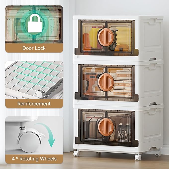 JEKO&JEKO 249Qt Lockable Stackable Storage Bins with Lids, Collapsible Closet Organizer with Wheels, Plastic Cabinet Drawer for Clothes 3 Pack (White)