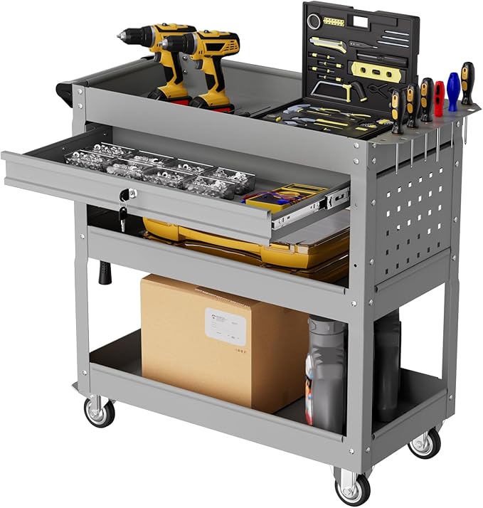 3-Tier Rolling Tool Cart with Drawers, Heavy Duty Utility Storage Cart with pegboard, Lockable Metal Tool Chest on Wheels for Garage, Warehouse & Repair Shop
