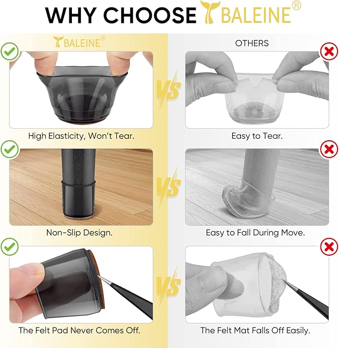 BALEINE 16 Pack Silicone Chair Leg Floor Protectors, Stool Leg Protectors Cap, Non-Slip Chair Leg Caps for Hardwood Floors (Black & Small, 16 Pack)