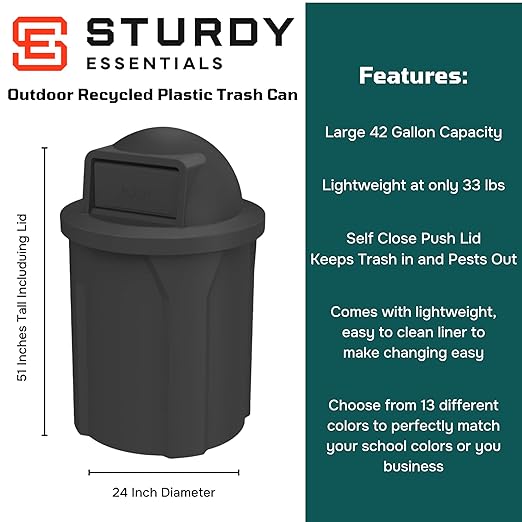 42 Gallon Circle 100% Recycled Plastic Heavy Duty Indoor or Outdoor Commercial Trash Can with Push Open Dome Lid and Internal Liner - Great for Schools and Businesses - Black