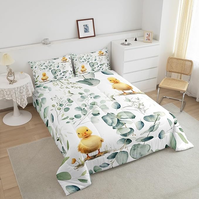 Erosebridal Kids Cute Animal King Comforter Set for Girls Boys Cartoon Duck Bedding Set King, Spring Eucalyptus Bedding Comforter Sets Watercolor Leaves Duvet Set, Kawaii Farm Animal Quilted Comforter