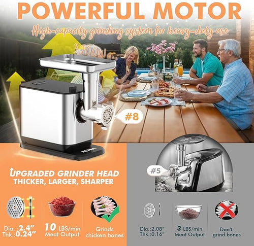 #8 Meat Grinder, 3200W Max Electric Heavy Duty Sausage Stuff, Rotary Cheese Grater with 3 Interchangeable Blades, 2 Blades, 3 Plates, 4 Sausage Tubes, Kibbe, Burger Press & Meat Claws