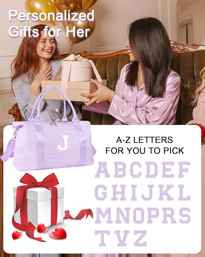 Daughter Niece Gifts for Teen Girl Kids, Initial Travel Duffel Bag Sports Gym Bag Personalized Gifts Weekender Bag，Monogram Overnight Bag Cute Dance Bag Birthday Bridesmaid Gifts for Women(Purple, J)