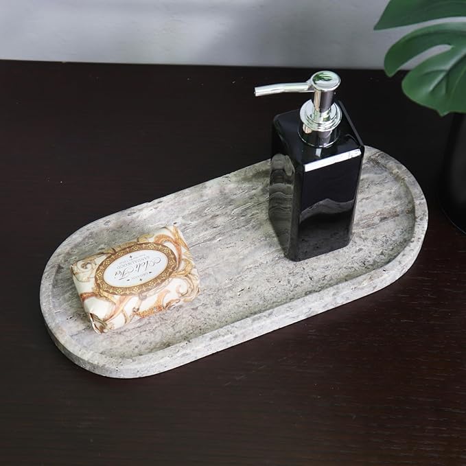 Natural Marble Tray, Oval Vanity Decorative Tray for Bathroom Counter, Countertop Stone Organizer, Catchall Tray for Kitchen, Perfume, Candles, Jewelry Dish Decorative Tray