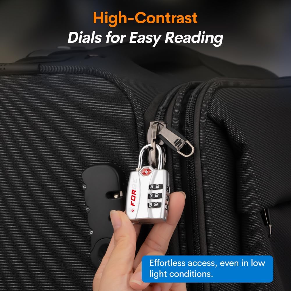 Forge TSA Luggage Combination Lock - Open Alert Indicator, Easy Read Dials, Alloy Body- Ideal for Travel, Lockers, Bags (Silver)