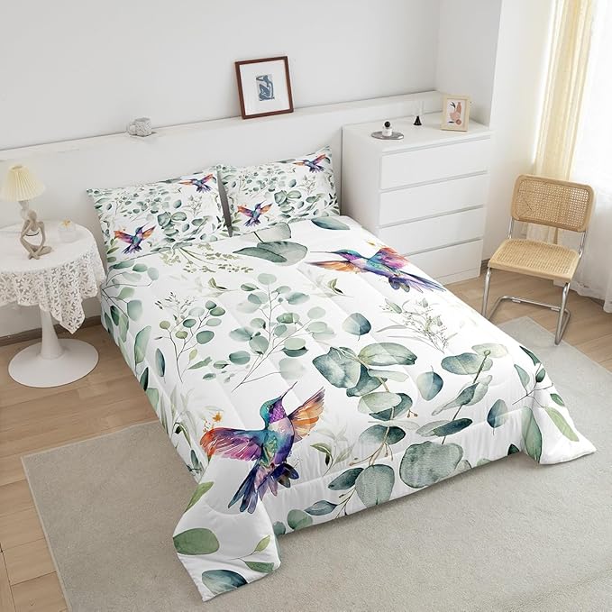 Erosebridal Cartoon Hummingbird Queen Bedding Sets Toddler Wildlife Bird Comforter Set, Plant Down Comforter Eucalyptus Leaf Bedding Comforter Sets, Jungle Animal Theme Duvet Insert Kids Room Decor