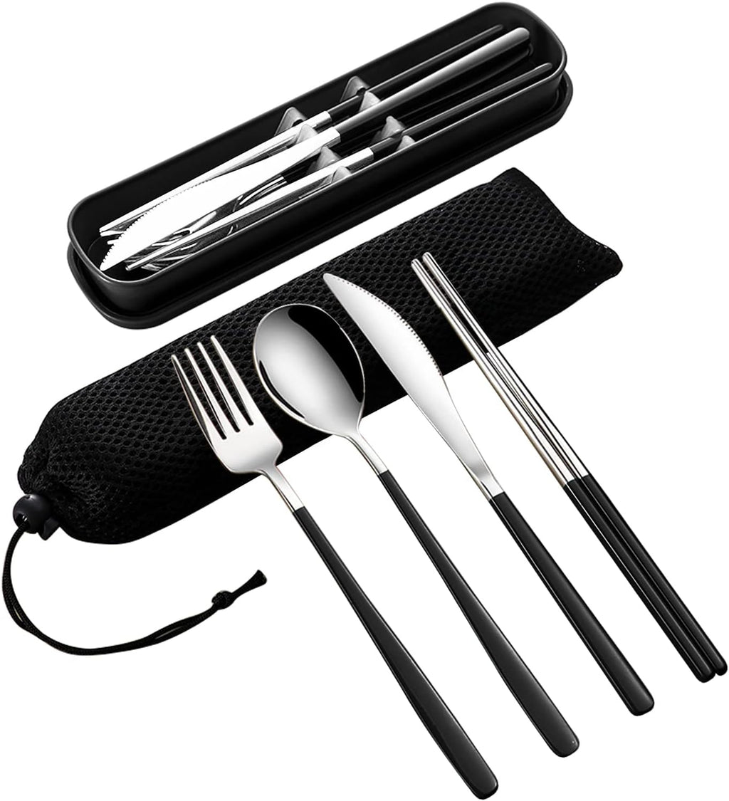 VANRA 4-Piece Portable Travel Utensils Set with Case 18/8 Stainless Steel Flatware Set Reusable Cutlery Set with Fork Spoon Knife Chopstick for Lunch Travel Camping School Work Picnic (Black)