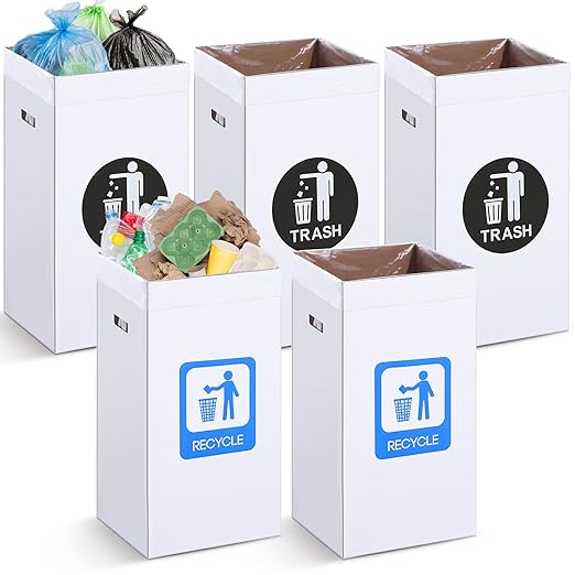 Tioncy 5 Pcs 30 Gallon Corrugated Cardboard Trash Cans Recycling Bins with Trash and Recycle Letters White Disposable Garbage Container Reusable Garbage Boxes for Party Camping Outdoor Events