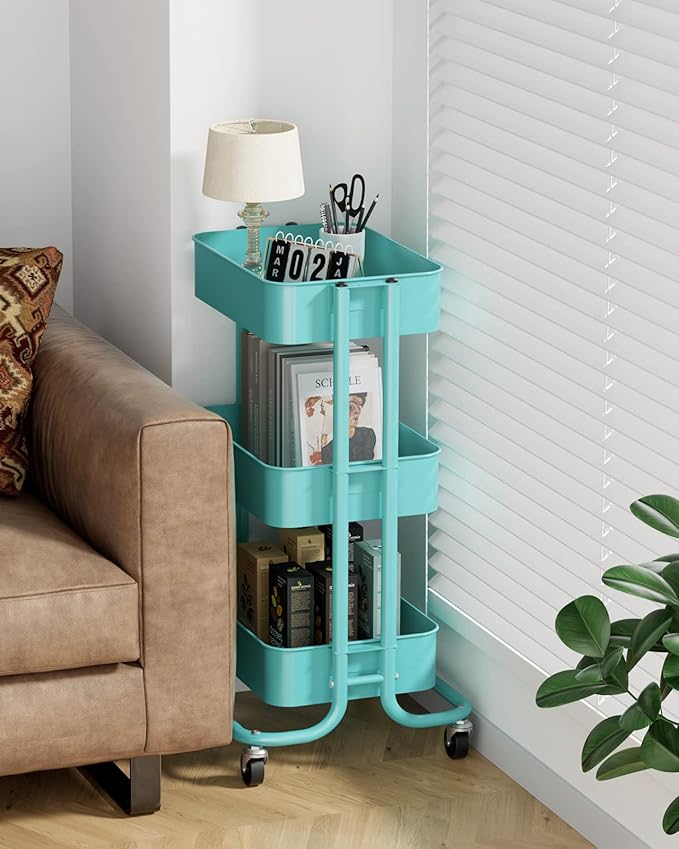 Pipishell 3-Tier Metal Rolling Utility Cart, Heavy-Duty Storage Cart with 2 Lockable Wheels, Multifunctional Mesh Organization Cart for Kitchen Dining Room Living Room (Turquoise)