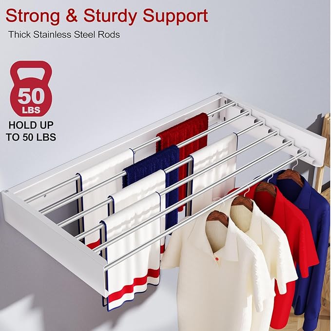 Wall Mounted Drying Rack 40", Foldable Laundry Drying Rack with Stainless Steel Rods, Retractable Laundry Space Saver for Indoor & Outdoor Use, Include Wall Template