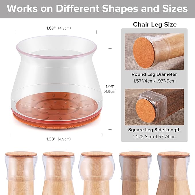 24PCS Upgraded Silicone Chair Leg Floor Protectors for Hardwood Floors, Furniture Sliders for Chair Legs, Felt Bottom Furniture Pads, Anti-Slip Round&Square Cap Covers to Scratch and Reduce Noise