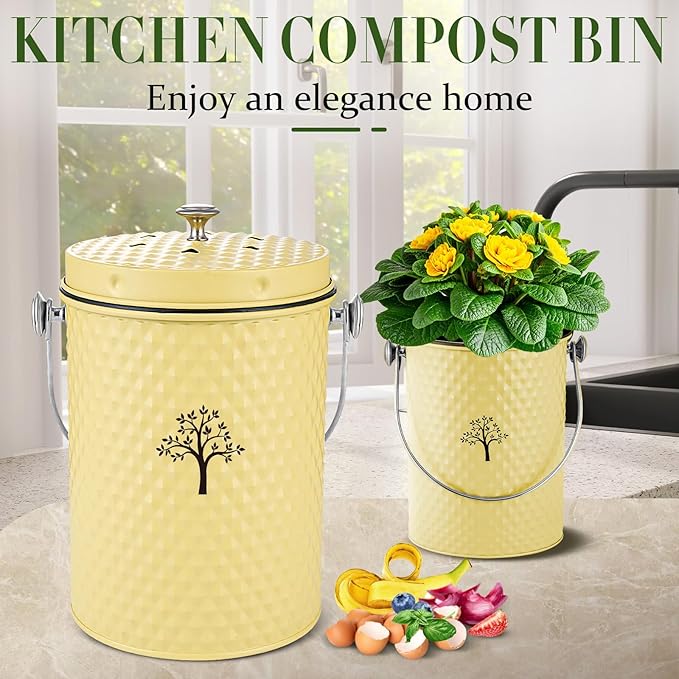 AOSION Countertop Compost Bin Kitchen,Odor Resistant Indoor Compost Bin with Lid and Compost Bags,Compost Bucket Composter Container for Food Waste,Yellow